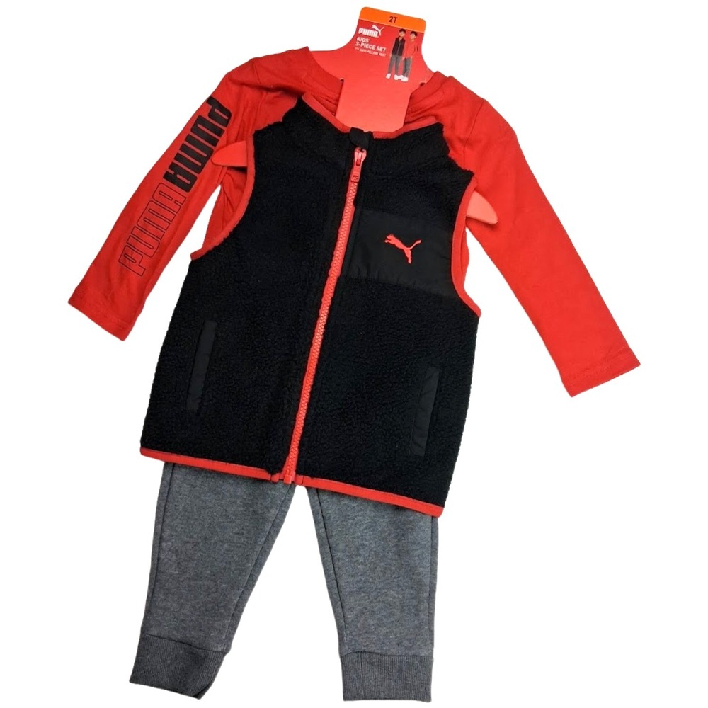 Puma Boys‎ 2T Anti Piling Vest 3pc Outfit Set Pants Long Sleeve Shirt Red Black